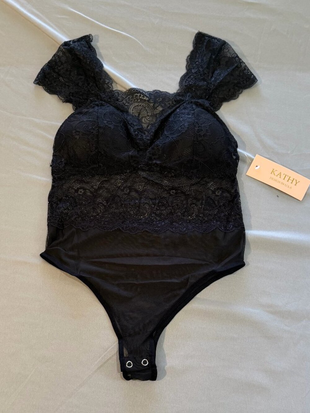 Kathy Women’s Floral Lace Bodysuit Sheer Black Padded Bra Size S/M New With Tags